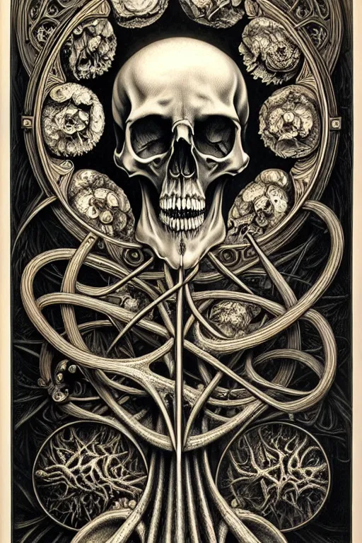 Image similar to detailed realistic memento mori lithograph by cameron gray and ernst haeckel, gothic ornament, skulls, bones, art nouveau, neogothic, ornate art nouveau botanicals, horizontal symmetry, polished