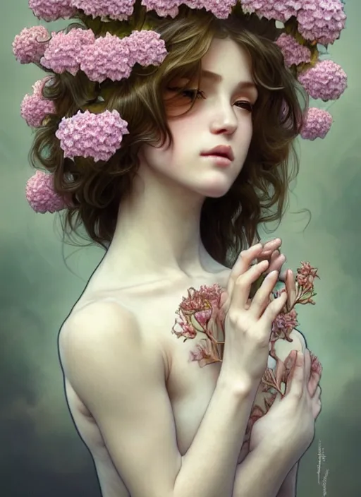 Image similar to realistic photographic perfect portrait of a anthropomorphic hydrangea blossom, fantasy, wind blowing hair, intricate, elegant, highly detailed, digital painting, artstation, concept art, smooth, super sharp focus, illustration, art by artgerm and h r giger and alphonse mucha