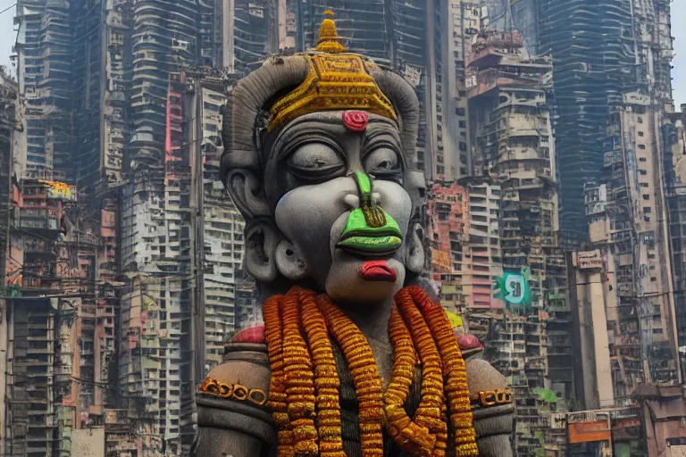 Image similar to high quality 3 d cyberpunk biomorphic hanuman head building in the middle of mumbai!!, kalighat highly detailed, cinematic smooth, stephen shore & john j. park, soft morning light, wide shot, high angle, uhd 8 k, deep focus