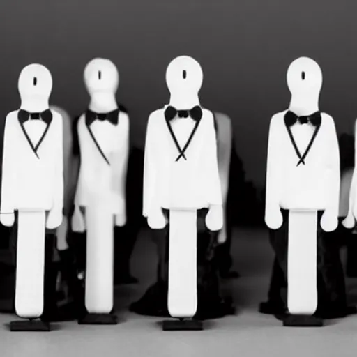 Image similar to a group of faceless humans with long limbs wearing tuxedos