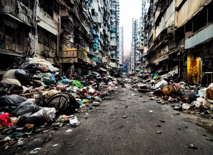 Prompt: dark, dirty, streets of hong kong, abandoned, creepy, piles of trash and junk, low brightness, cinematic lighting, no power, no lights, high resolution