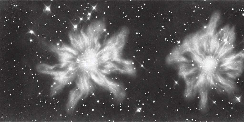 Image similar to close up photography of edelweiss flower turning into stars and universe nebula, 1. 2 f, 3 5 mm, dark, eerie, 1 9 2 0 s ghost photography