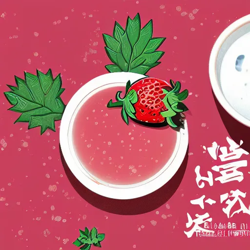 Prompt: a hyperdetailed strawberry and floating milk fluid poster, cow,, chinese style, top milk brands, 4 k hd wallpaper illustration, package cover, golden curve composition