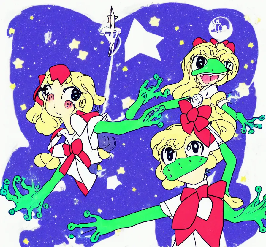 Prompt: frog in a sailor moon uniform, anime, cell - shaded, retro, cutesty lightening