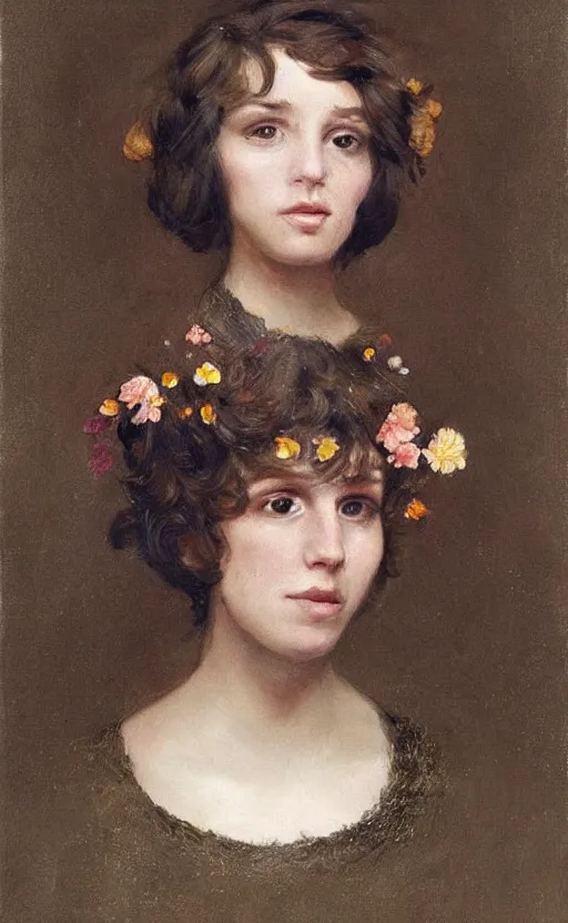 Image similar to portraiture!! of a woman! short brown hair! looking at us, flowers!!! in the hair, by thomas denenberg