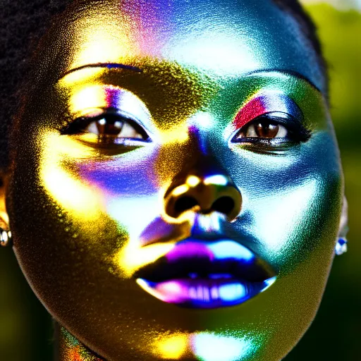 Image similar to portrait of iridescent metallic face, african woman, mirror reflections, proud looking, outdoor, nature, blue sky, 8 k, realistic, depth of field, highly detailed, art photography
