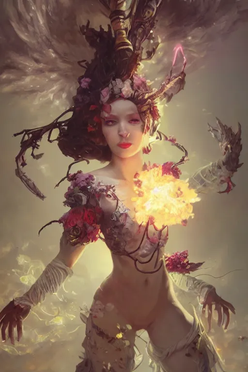 Image similar to beautiful girl necromancer, witch - doctor exploding into flowers, angels, 3 d render, hyper - realistic detailed portrait, holding fire and electricity, ruan jia, wlop. scifi, fantasy, magic the gathering, hyper detailed, octane render, concept art, peter mohrbacher