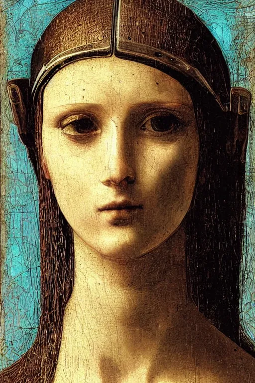 Image similar to a close - up portrait of a cyberpunk cyborg girl, by leonardo davinci, rule of thirds