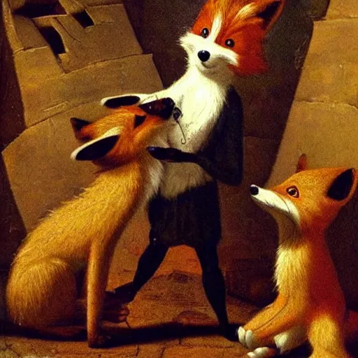 Prompt: an anthropomorphic furry Fox explores a Dungeon, Renaissance Painting