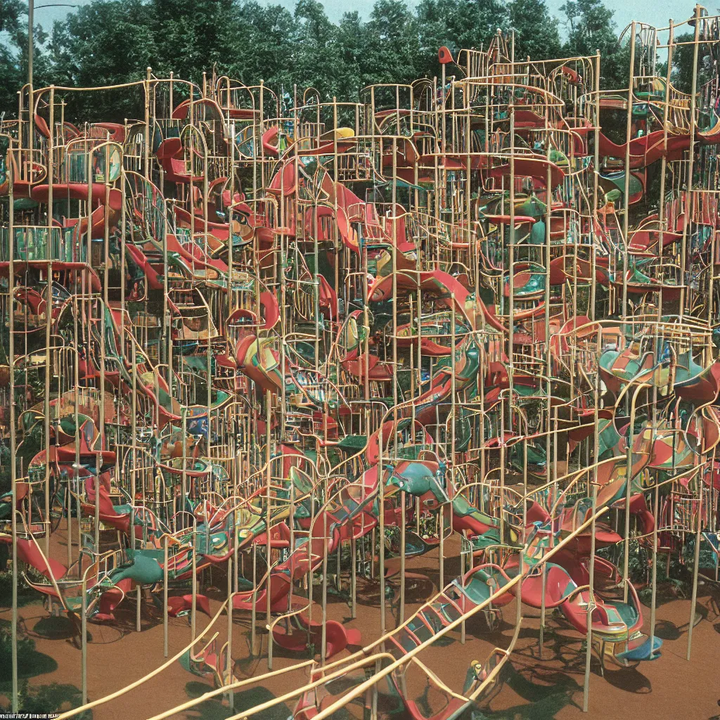 Image similar to full - color closeup 1 9 7 0 s photo of a vast incredibly - large complex very - dense tall many - level playground in a crowded schoolyard. the playground is made of brown wooden planks, black rubber tires, silver metal bars, and beige ropes. it has many spiral staircases, high bridges, ramps, balance beams, and metal tunnel - slides.