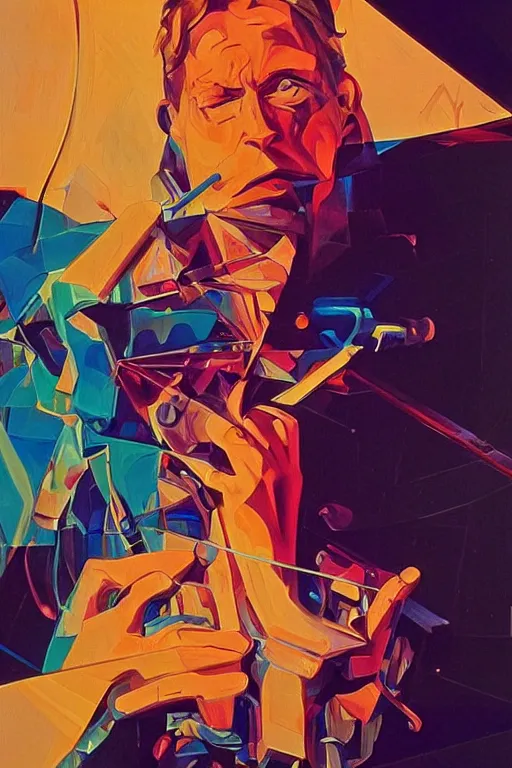 Image similar to wideangle action, portrait of a crazy violinist, decoherence, synthwave, glitch!!, fracture, vortex, realistic, hyperdetailed, concept art, golden hour, art by syd mead, cubism