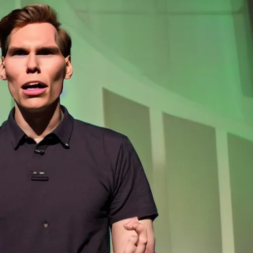 Image similar to jerma 9 8 5 doing a ted talk, professional photography, wide shot, film still, high resolution