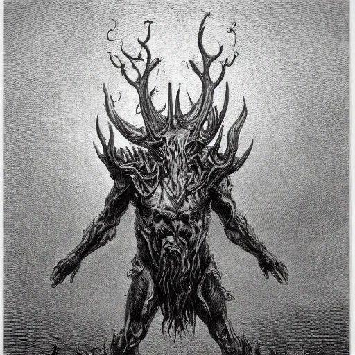 Image similar to full body grayscale drawing by Gustave Dore and Anato Finnstark of horned muscled humanoid demon, 3/4 view from below, engulfed in swirling flames