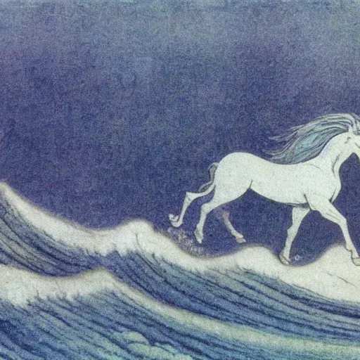Image similar to the unicorn wave scene from the last unicorn, as illustrated by edmund dulac