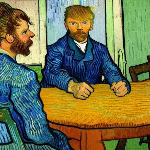 Prompt: detailed portrait of 1890s french peasant donald trump sitting at his dining table painted by vincent van gogh