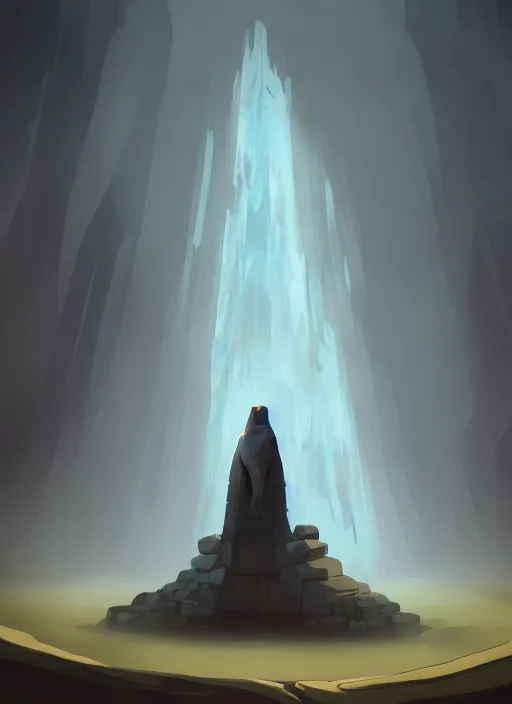 Prompt: a cartoon scene with a person wearing a black robe standing in front of a monolith, concept art by victor mosquera, tumblr contest winner, symbolism, concept art, official art