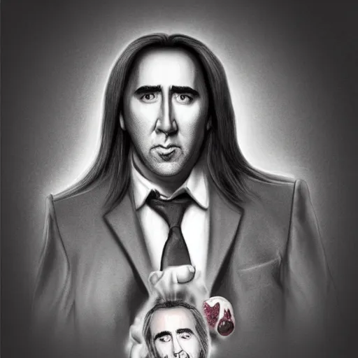 Image similar to nicolas cage with pomegranate body, caricature concept art