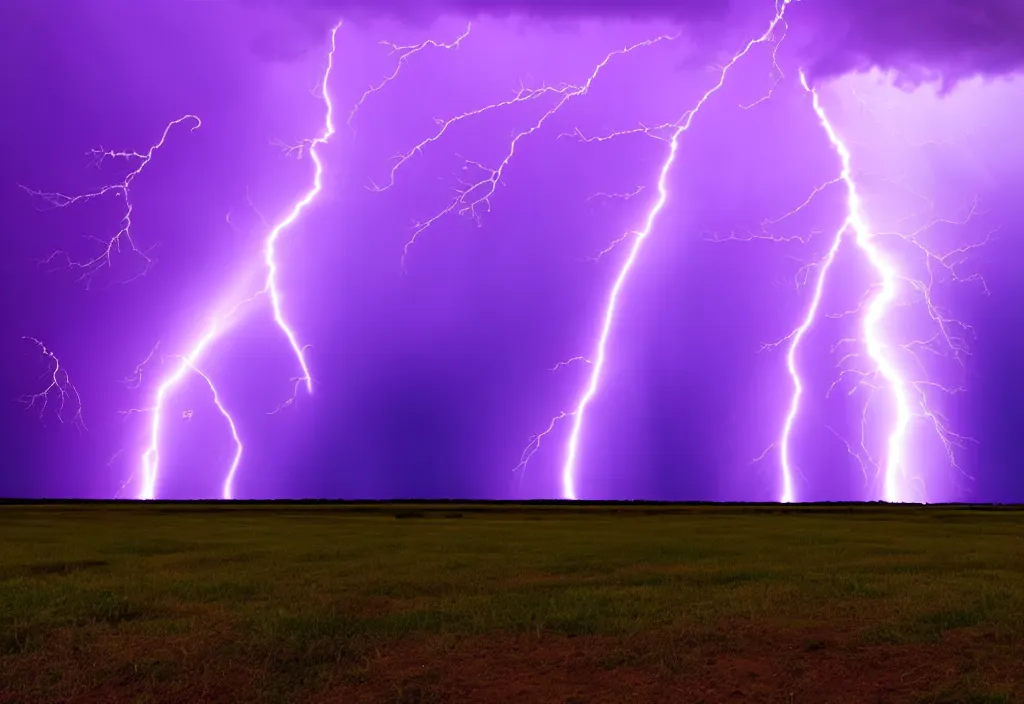 Prompt: purple color lighting storm with a tornado on the ground