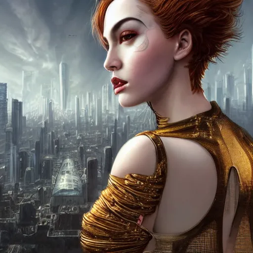 Prompt: Ultrarealist aesthetic, detailed face illustration of a very beautiful dollpunk wearing Abstract tech bodysuit, in front of a ruined city, focus, realistic eyes, symmetric body features proportions, golden ratio, ultra intricate details, award winning, unreal render, by Tom Bagshaw