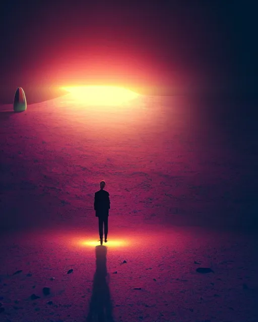 Image similar to a person standing in front of a glowy open door that's on a barren moon, poster art by mike winkelmann, trending on cg society, space art, sci - fi, ue 5, futuristic, volumetric lighting, light casting onto the ground, neat composition and camera angle