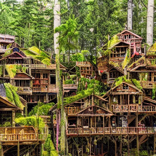 Prompt: professional photo of a tree top town similar to level of donkey kong country, by discovery magazine, real life, photorealistic, soft focus, long exposure