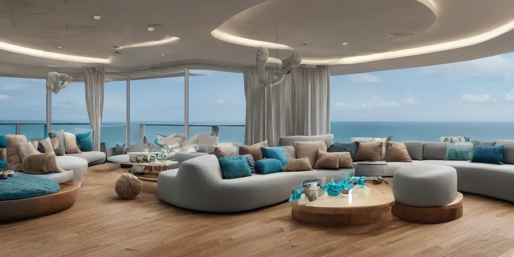 Image similar to a modern hi tech living room in a ocean hues style next to a big terrace overlooking the ocean, a luxurious wooden coffee table with large seashells on top in the center, inspired by the ocean, calm, relaxed style, harmony, wide angle shot, 8 k resolution, ultra detailed