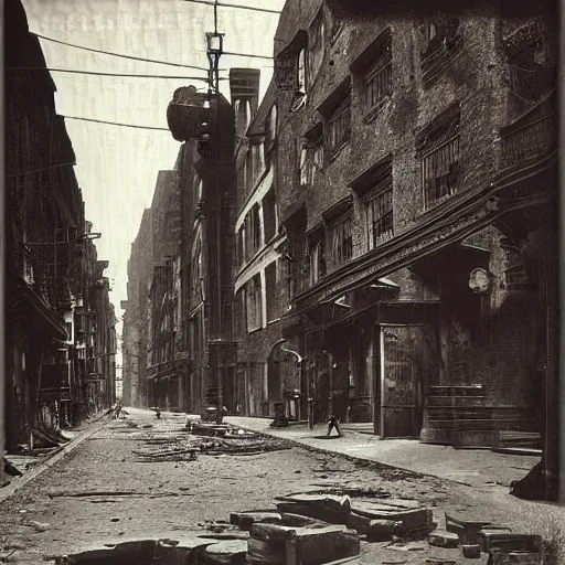 Prompt: photo of a steampunk street taken by the photographer Jacob Riis