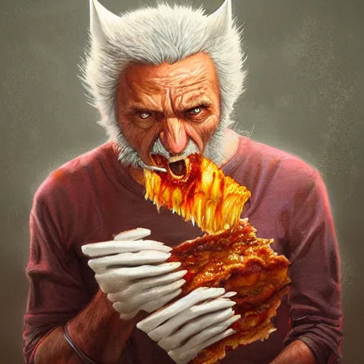 Prompt: Old Wolverine eating lasagna by Mandy Jurgens