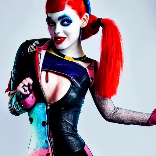 Image similar to harley quinn modeling for magazine, jeans, pop star, beautiful, high quality,
