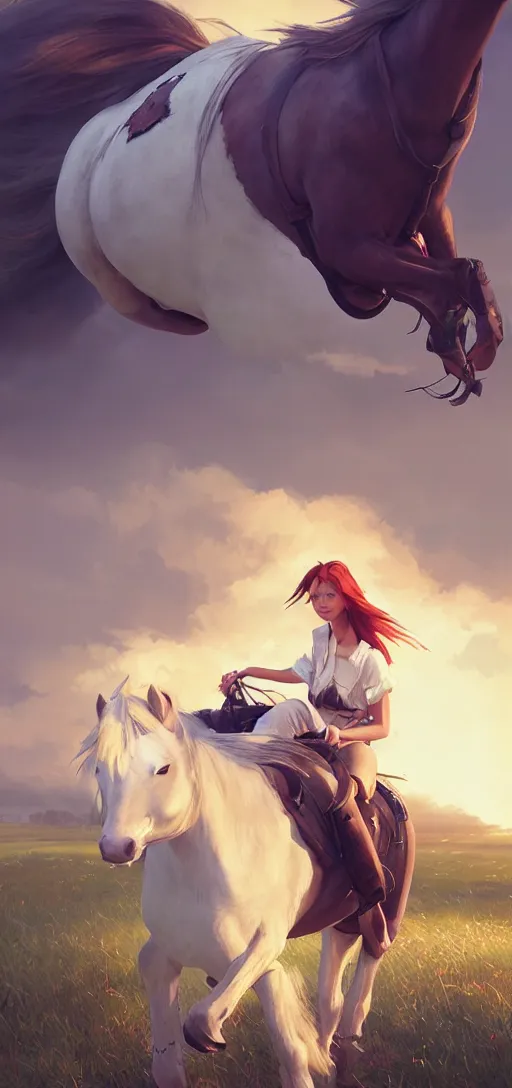 Image similar to southern ginger woman in ripped overalls riding a horse with a white mane, airbrushed, hazy, gentle, soft lighting, wojtek fus, by makoto shinkai and ilya kuvshinov,