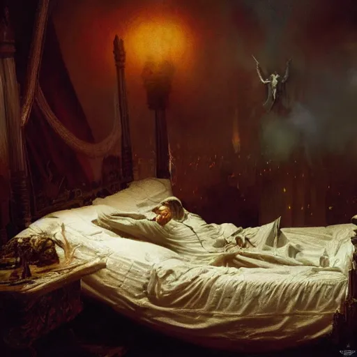 Image similar to the catholic pope in his bed, scared, because a horned demon is attacking the pope. highly detailed painting by gaston bussiere, greg rutkowski, craig mullins 8 k