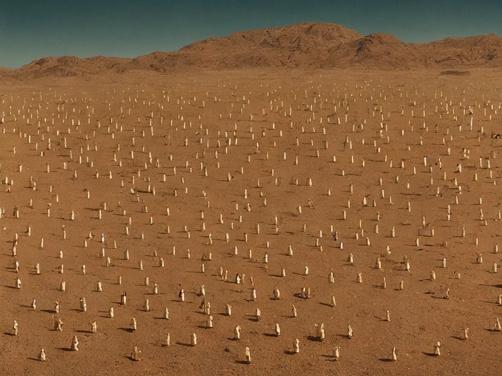 Image similar to the line of bene gesserit people in full - face golden glowing masks in a dry rocky desert landscape with ancient abandoned city beneath the sand,!!!!!! giant alien spaceship in the sky!!!!!! by christopher doyle and alejandro jodorowsky, anamorphic lens, kodakchrome, cinematic composition, very detailed photo, 8 k,