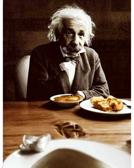 Prompt: a portrait of albert einstein sitting at the dining table with a plate containing caramel custard in front of him, highly detailed, trending on artstation, bokeh, 9 0 mm, f / 1. 4