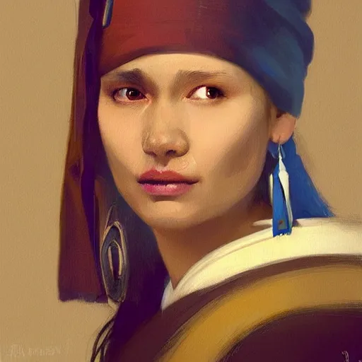 Prompt: Portrait of a Native American woman as the girl with the pearl earring, digital art by Ruan Jia and Mandy Jurgens and Artgerm, highly detailed, trending on artstation, award winning,