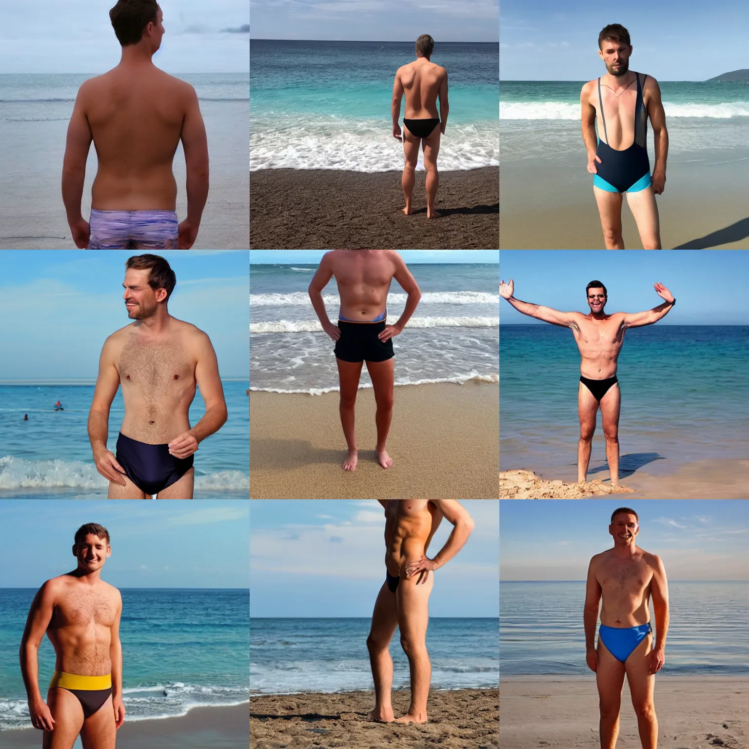 Prompt: beautiful picture of a man wearing a halo swimsuit standing on the beach, halo, halo reach, speedo, swimsuit