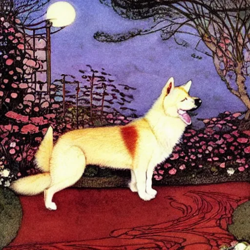 Image similar to a red akita inu in a moonlit palace garden, by warwick goble and kay nielsen