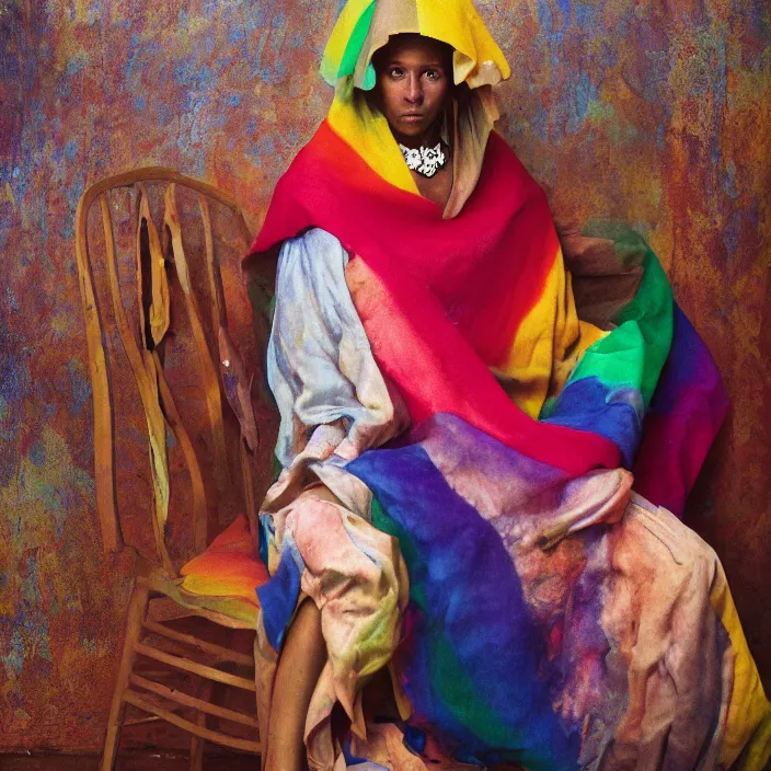 Image similar to closeup portrait of a woman with a cloak made of rainbows, sitting in a chair in an abandoned house, by Annie Leibovitz and Steve McCurry, natural light, detailed face, CANON Eos C300, ƒ1.8, 35mm, 8K, medium-format print