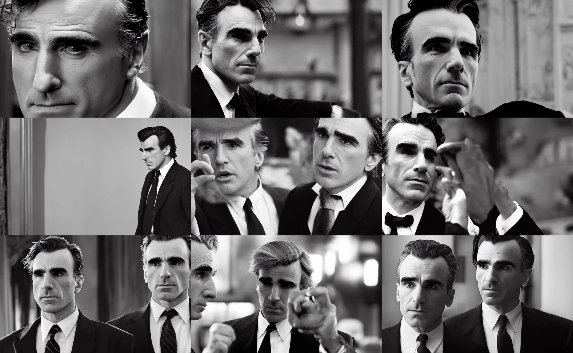 Prompt: black and white cinematic film still of Daniel Day-Lewis playing President Trump, 4k