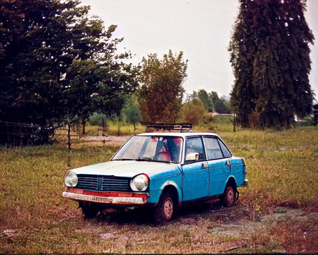 Image similar to a lomographic photo of old lada 2 1 0 7 standing in typical soviet yard in small town, hrushevka on background, cinestill, bokeh