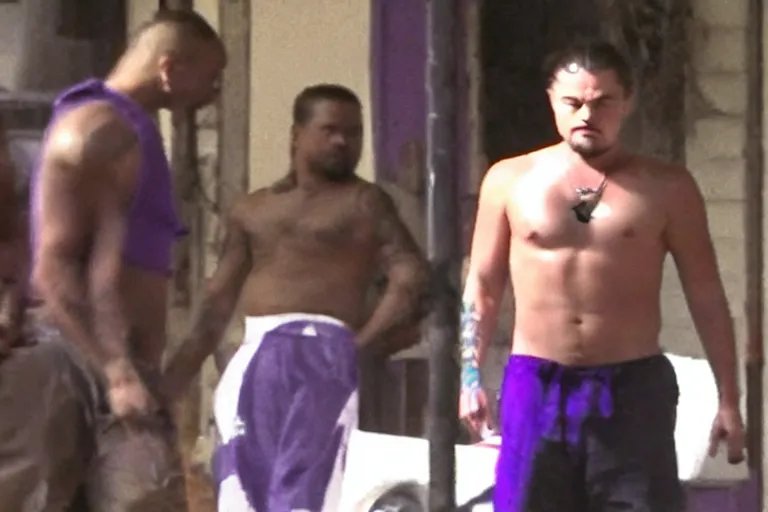 Image similar to medium full shot of leonardo dicaprio as a gang member wearing a purple head covering made from a polyester or nylon material and a stained white tank top caught doing crack inside a detroit gang trap house, arms covered in gang tattoo, paparazzi, leaked footage, uncomfortable, bad quality