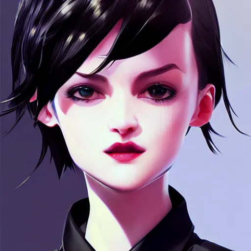 Image similar to girl in tuxedo with black chaotic wavy short haircut, elegant, 2d, ultra highly detailed, digital painting, smooth, sharp focus, artstation, art by Ilya Kuvshinov and Range Murata