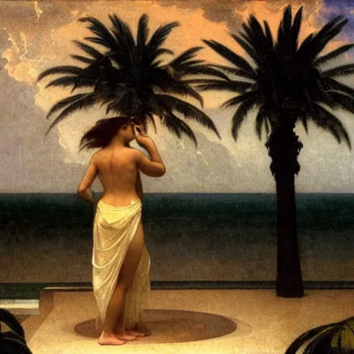 Image similar to Silhouette of two girls at the palace, thunderstorm, greek pool, beach and palm trees on the background major arcana sky, by paul delaroche, alphonse mucha and arnold böcklin arnold böcklin hyperrealistic 8k, very detailed