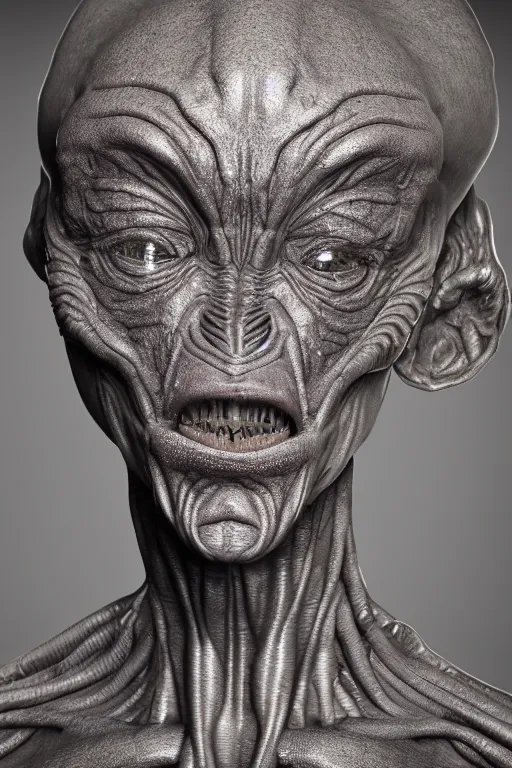 Prompt: detailed photo of portrait alien statue, various poses, photorealism, intricate detail, a few light reflexions, museum diffuse lighting