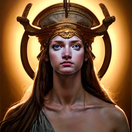 Image similar to hyperrealistic mixed media painting of beautiful goddess Athena, stunning 3d render inspired art by P. Craig Russell and Barry Windsor-Smith, perfect facial symmetry, dim volumetric lighting, 8k octane beautifully detailed render, post-processing, portrait, extremely hyper-detailed, intricate, epic composition, brown eyes, cinematic lighting, masterpiece, trending on artstation, very very detailed, masterpiece, stunning