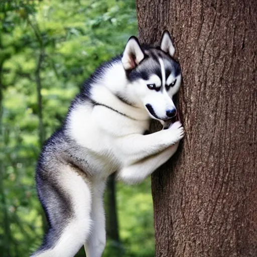 Image similar to husky stuck in an extremely tall tree