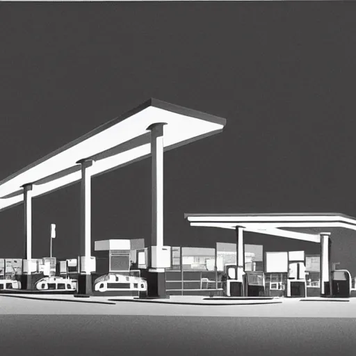 Image similar to a matte painting of a gas station at night by emiliano ponzi, james gilleard, george ault, david hockney, atey ghailan, albert namatjira, marius borgeaud, minimalist, bauhaus, retrofuturism, postminimalism, concept art, matte background, matte drawing, magical realism, space art, generative art