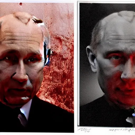 Image similar to carved rock face of putin, stained with blood, photograph lit by flash, as shot by james nachtwey