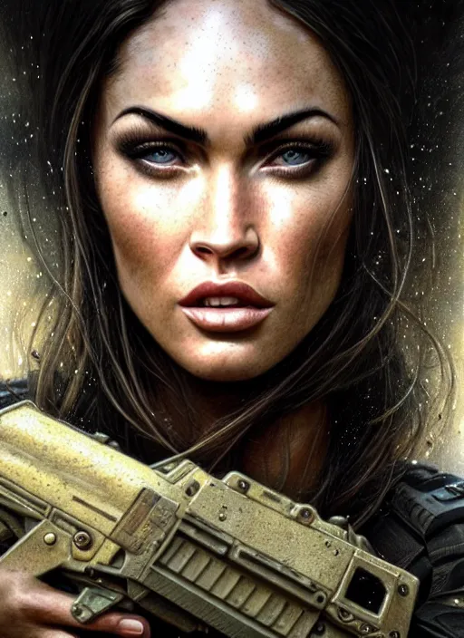 Prompt: closeup portrait shot of megan fox swat team soldier in a scenic dystopian environment, intricate, elegant, highly detailed, centered, digital painting, artstation, concept art, smooth, sharp focus, illustration, artgerm, tomasz alen kopera, peter mohrbacher, donato giancola, joseph christian leyendecker, wlop, boris vallejo