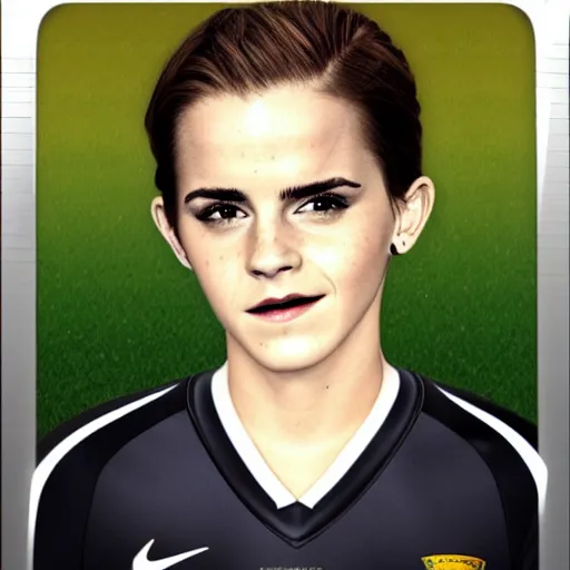 Image similar to emma watson as football player, hyper realistic