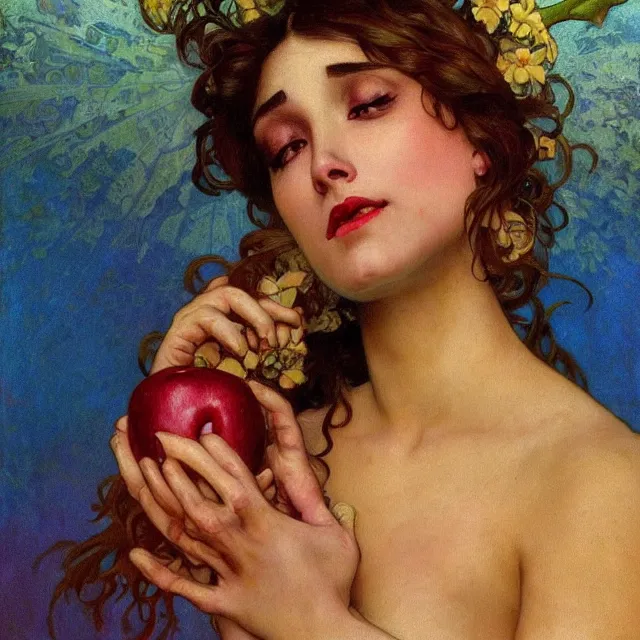 Image similar to an aesthetic! detailed close - up portrait of an aesthetic woman crying mournfully while holding an apple, by frank frazetta and alphonse mucha, oil on canvas, bright colors, art nouveau, epic composition, dungeons and dragons fantasy art, hd, god - rays, ray - tracing, crisp contour - lines, huhd - 8 k